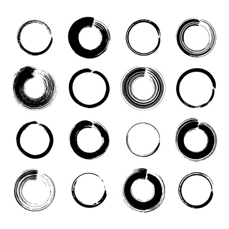 Collection of miscellaneous black grunge brush stroke round frames isolated over white background. Set of design elements. Vector illustration.のイラスト素材