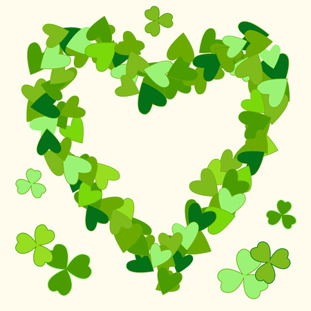 Saint Patrick's Day vector heart shaped frame with green clover shamrock leaves. Irish festival celebration greeting card design background. I love Ireland.のイラスト素材