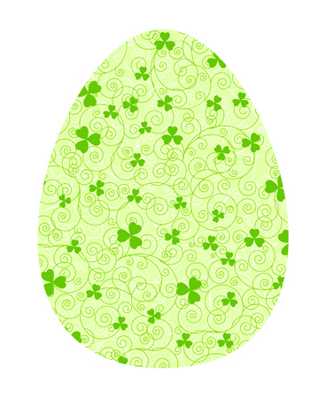 Happy Easter greeting card. Light green swirls and clover leaves pattern egg vector illustration isolated over white.のイラスト素材