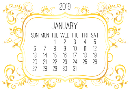 January year 2019 vector monthly calendar. Week starting from Sunday. Victorian ornate golden frame design over white background.のイラスト素材
