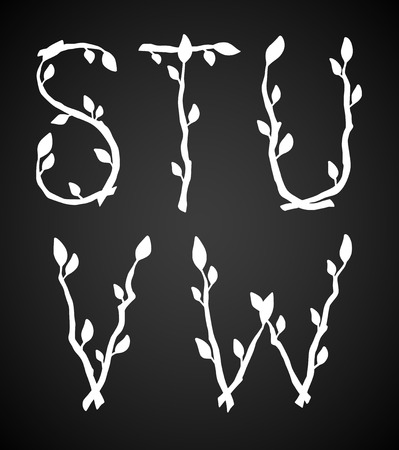 Part of decorative alphabet made of tree branches. Nature vector hand drawn letters in white over black background.のイラスト素材