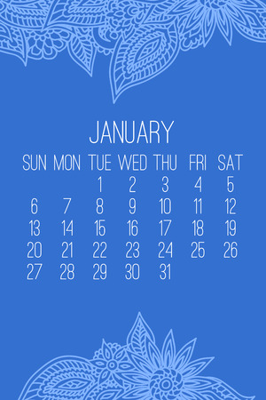 January year 2019 vector monthly calendar over lacy doodle ornate hand drawn blue background, week starting from Sunday.のイラスト素材