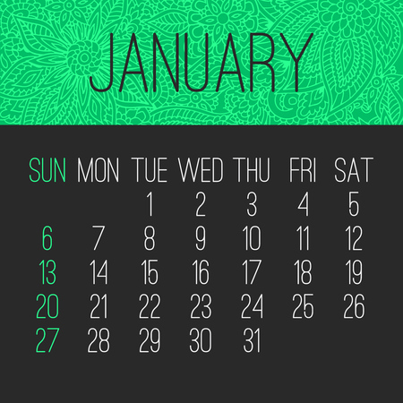 January year 2019 vector monthly calendar over doodle ornate hand drawn florals, week starting from Sunday. Bright green and black design.のイラスト素材