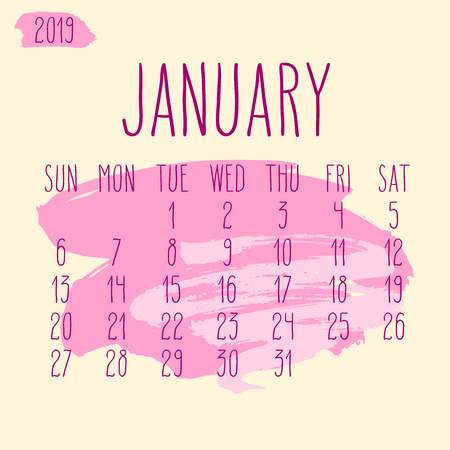 January year 2019 vector monthly calendar. Week starting from Sunday. Hand drawn freeform pink paint stroke artsy design over beige background.のイラスト素材