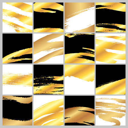 Golden artistic grunge brush paint strokes backgrounds set. Metal shiny gold design elements collection vector illustration over black and white.のイラスト素材