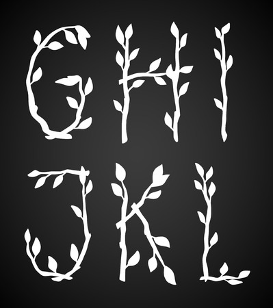 Part of decorative alphabet made of tree branches. Nature vector hand drawn letters in white over black background.のイラスト素材