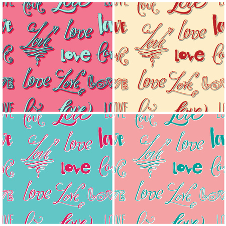 Hand written word Love seamless patterns set. Vector romantic Valentine's day holiday backgrounds.のイラスト素材