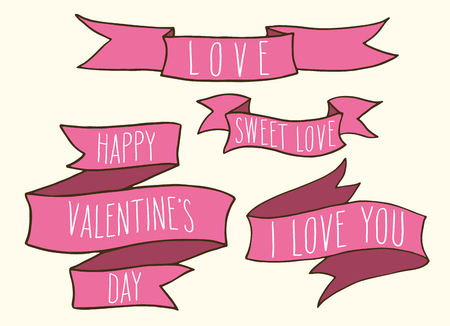Hand written Valentine's day greetings in a pink ribbon banner frames. Vector romantic holiday lettering set.のイラスト素材