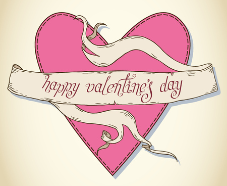 Hand written Valentine's day greetings in a ribbon banner frame over pink heart. Vector romantic holiday lettering.のイラスト素材