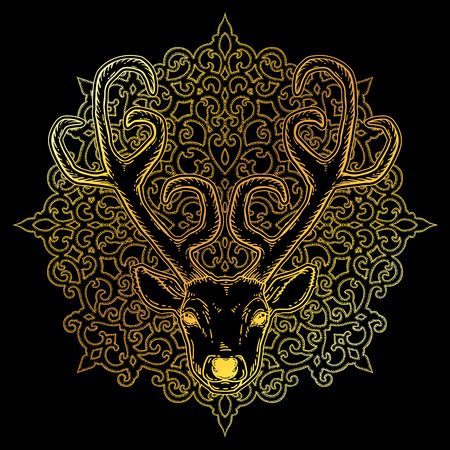 Beautiful hand drawn tribal style deer head over ornate mandala. Magic vintage vector illustration in golden over black. Spiritual art, yoga, boho style, nature and wilderness design.のイラスト素材