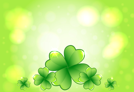Saint Patrick's Day green vector frame with glowing lights and clover leaves. Irish festival celebration greeting card design background. Nature floral spring backdrop.のイラスト素材