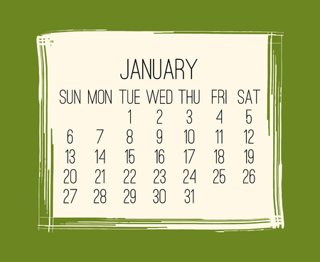 January year 2019 vector monthly modern calendar. Week starting from Sunday. Contemporary hand drawn brush stroke frame design in green and beige.のイラスト素材