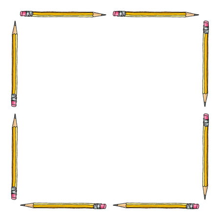 Stationery hand drawn vector doodle illustration blank frame. Square graphite pencils border isolated over white. Education background.のイラスト素材