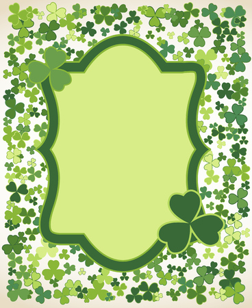Saint Patrick's Day vector vintage frame with small green trefoil clover shamrock leaves. Irish festival celebration greeting card design background. Nature floral spring backdrop.のイラスト素材