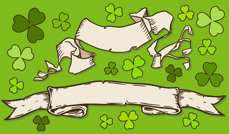 Saint Patrick's Day vector frame with vintage ribbon banners and green clover shamrock leaves. Irish festival celebration greeting card design background.のイラスト素材