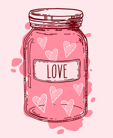Pink vintage glass jar full of love. Valentine hearts romantic vector hand drawn illustration. Contour sketch isolated.のイラスト素材
