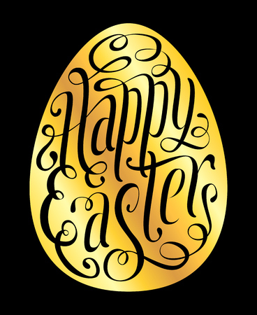 Happy Easter greeting card. Golden egg symbol and black hand drawn lettering vector spring illustration.のイラスト素材