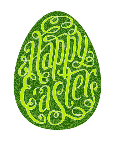 Happy Easter greeting card. Green egg symbol and hand drawn lettering vector spring illustration isolated over white.のイラスト素材