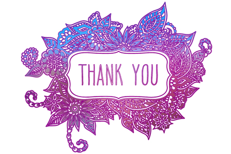 Colored ornate floral doodle frame isolated on white with hand drawn words 'thank you' on it.のイラスト素材