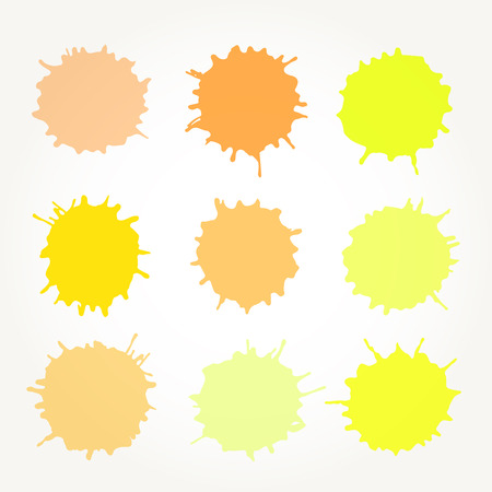 Set of vector abstract artistic paint splashes and drops. Yellow ink blots over white background.のイラスト素材