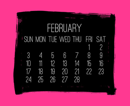 February year 2019 vector monthly modern calendar. Week starting from Sunday. Contemporary hand drawn brush stroke frame design in hot pink and black.のイラスト素材