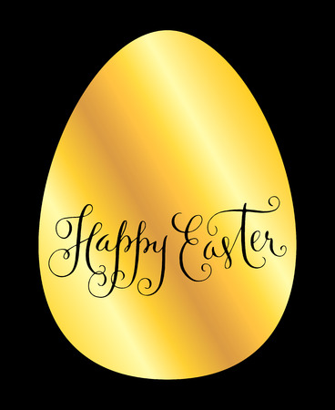 Happy Easter greeting card. Golden egg symbol and hand lettering vector illustration isolated over black.のイラスト素材