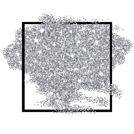 Silver glitter texture square border isolated over white background. Abstract scattered gray sparkles of confetti. Bright celebration vector illustration.のイラスト素材