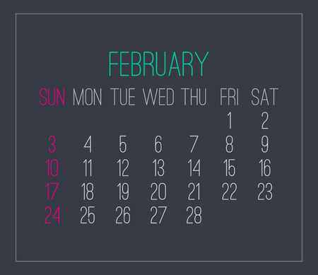 February year 2019 plain contemporary vector monthly calendar. Week starting from Sunday. Modern design over dark gray background.のイラスト素材