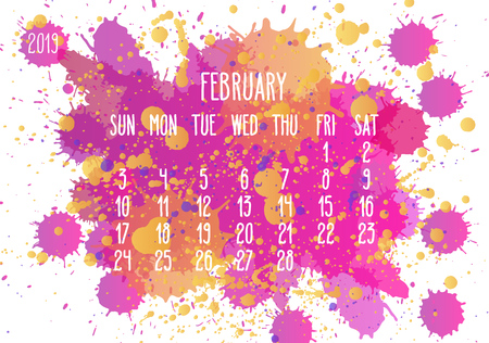 February year 2019 vector monthly calendar. Week starting from Sunday. Hand drawn pink and yellow paint splatter artsy design over white background.のイラスト素材