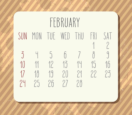 February year 2019 vector monthly calendar. Week starting from Sunday. Vintage brown stripes and grunge splatter blots background.のイラスト素材