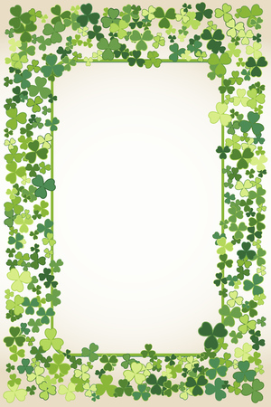 Saint Patrick's Day vector frame with small green trefoil clover shamrock leaves. Irish festival celebration greeting card design background. Nature floral spring backdrop.のイラスト素材