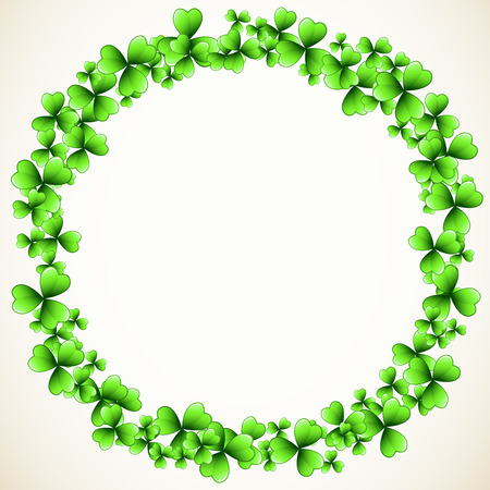 Saint Patrick's Day vector round frame with green clover shamrock leaves. Irish festival celebration greeting card design background. Nature floral spring backdrop.のイラスト素材
