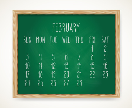 Hand written chalk vector calendar for February 2019 over green chalkboard background in a wooden frame.のイラスト素材