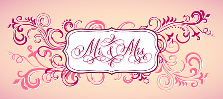 Hand-written with pointed pen and ink traditional wedding words "Mr. and Mrs." in floral ornamental frame.のイラスト素材