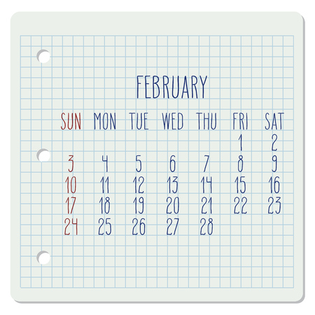 February year 2019 vector monthly calendar on a chequered notebook page. Week starting from Sunday. Hand written typography.のイラスト素材
