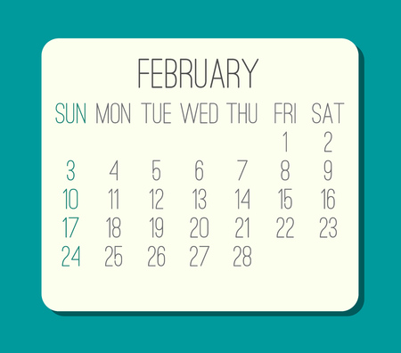 February year 2019 plain contemporary vector monthly calendar. Week starting from Sunday. Beige rounded rectangle over bright turquoise green background.のイラスト素材