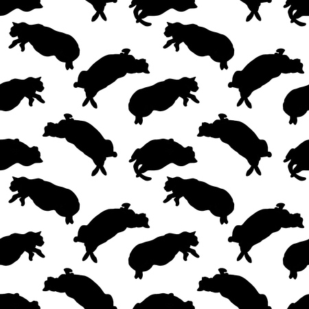 Funny hand drawn fat cats lying seamless pattern. Animal vector outline sketch background illustration with kitties. Cute pet backdrop in black over white.のイラスト素材