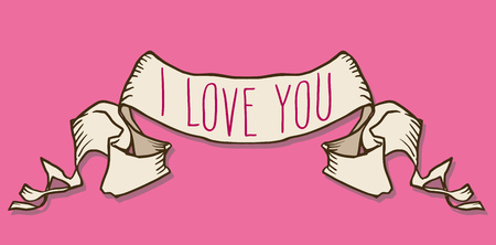 I love you. Hand written Valentine's day greetings in a ribbon banner frame over pink background. Vector romantic holiday lettering.のイラスト素材