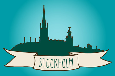 Stockholm skyline vector illustration. Green silhouette and folded ribbon banner over blue background.のイラスト素材