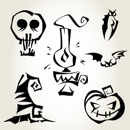 Set of Halloween symbols isolated over white background. Magical symbols for Halloween celebration. Pumpkin, bats, lantern, witch hat and a skull.のイラスト素材