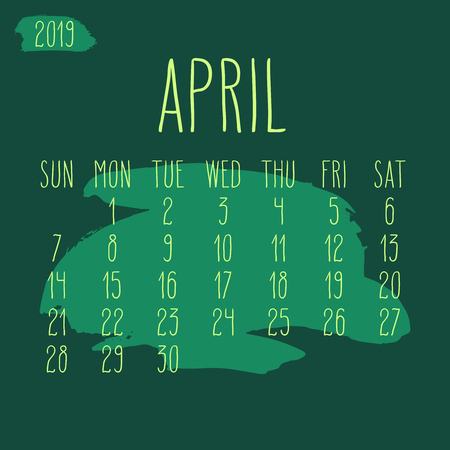 April year 2019 vector monthly calendar. Week starting from Sunday. Hand drawn freeform green paint stroke artsy design.のイラスト素材