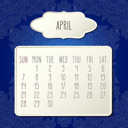 April year 2019 vector monthly calendar over dark blue doodle ornate hand drawn floral background, week starting from Sunday. Beige beveled frames design.のイラスト素材