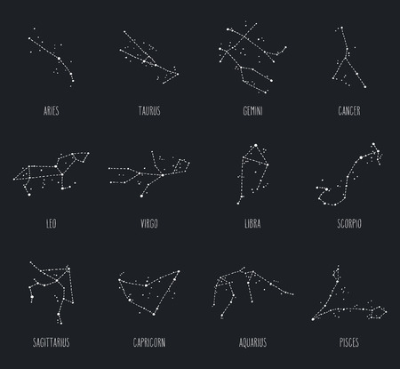 Hand drawn Zodiac signs constellations set. Vector graphics astrology illustration. Western horoscope mystic symbols collection in black and white.のイラスト素材