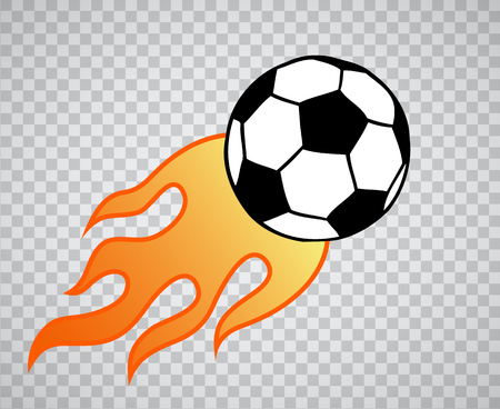 Flying burning soccer, football ball with flame vector illustration over transparent background. Sport game equipment on fire.のイラスト素材