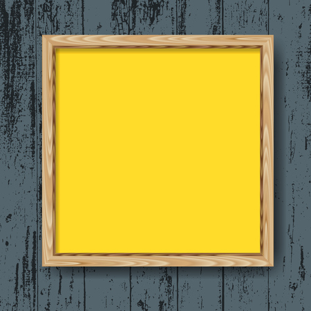 Realistic minimal blank wood yellow frame over dark rustic background. Square wooden border vector illustration.のイラスト素材