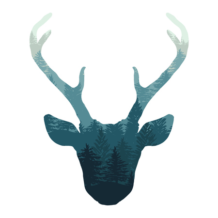 Hand drawn tribal style deer head with forest double exposure. Magic vector illustration isolated over white. Spiritual art, yoga, boho style, nature and wilderness.のイラスト素材