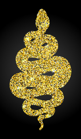 Coiled snake golden glitter illustration. Tribal serpent isolated over black background. Vector reptile design.のイラスト素材
