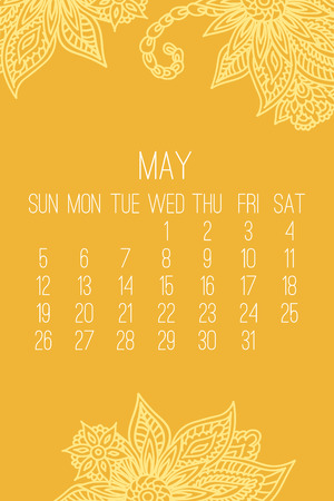 May year 2019 vector monthly calendar over yellow lacy doodle ornate hand drawn background, week starting from Sunday.のイラスト素材