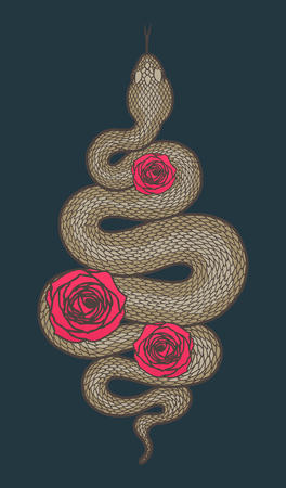 Coiled snake and roses detailed illustration. Tribal brown serpent isolated over dark blue background. Vector design.のイラスト素材