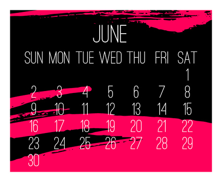 June year 2019 vector monthly modern calendar. Week starting from Sunday. Contemporary hand drawn freeform brush stroke frame design in hot pink and black.のイラスト素材